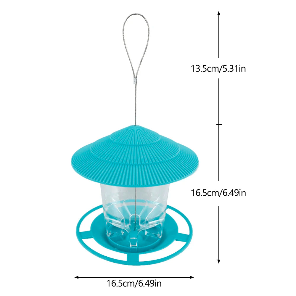 Blue bird feeder with measurements, shown from the side with hanging wire included