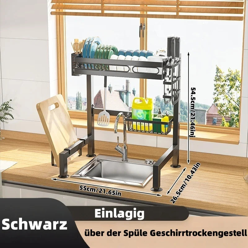 Over-Sink Dish Drying Rack with Utensil and Cutting Board Holder