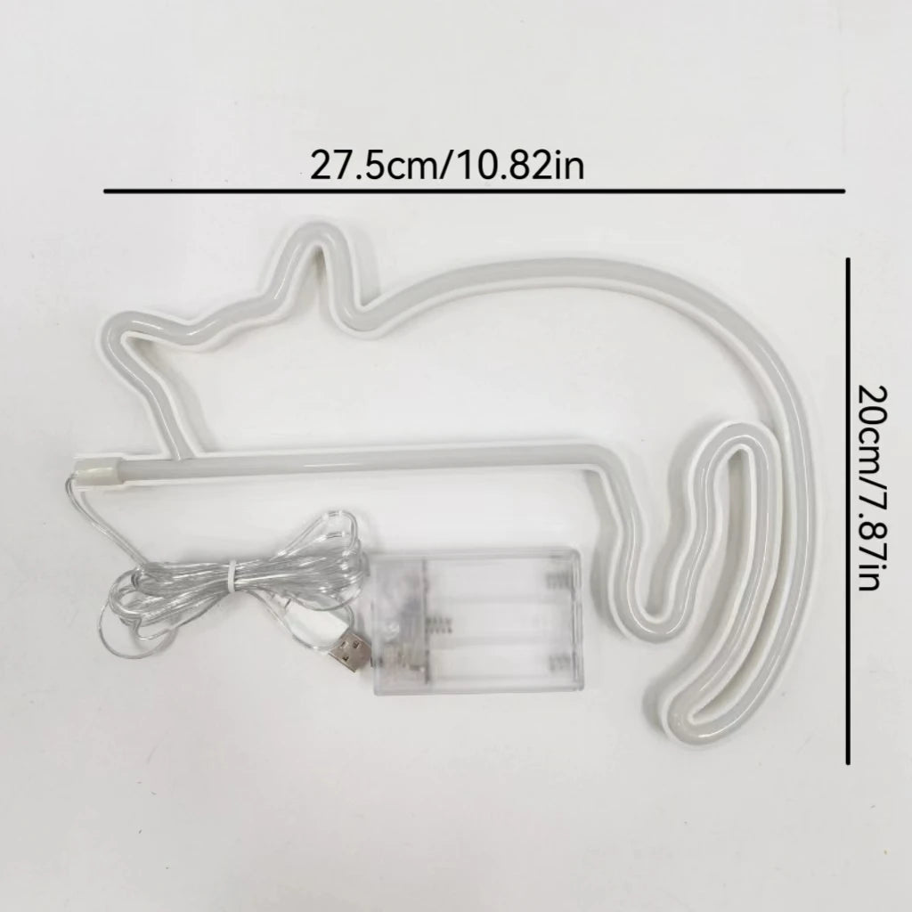 White cat-shaped neon light with size dimensions and USB/battery pack shown
