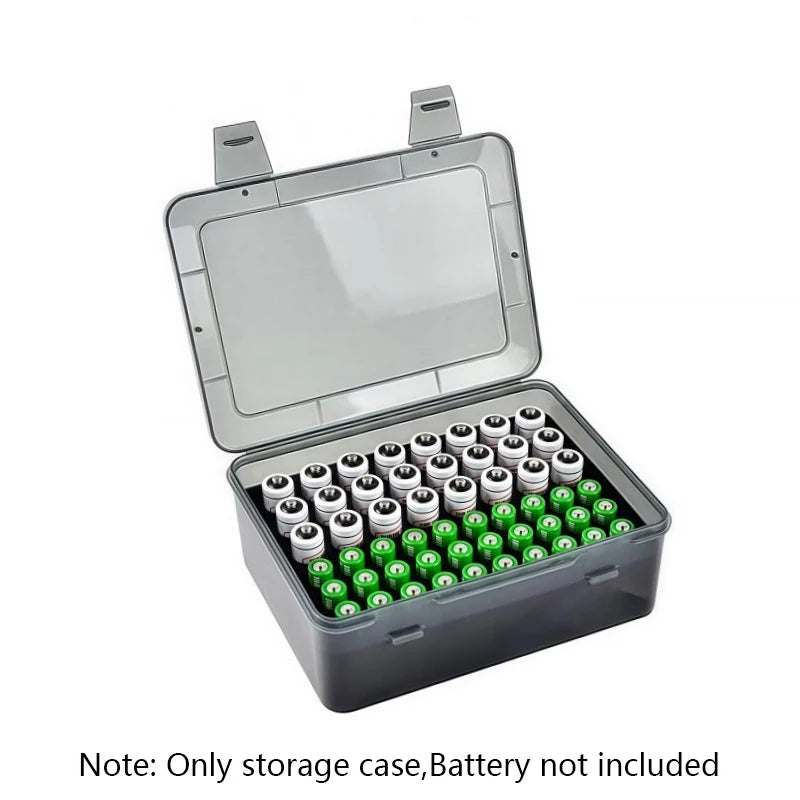 Compact battery organizer box with clear lid, holding AA and AAA batteries, placed on a neutral background. Text states batteries not included.