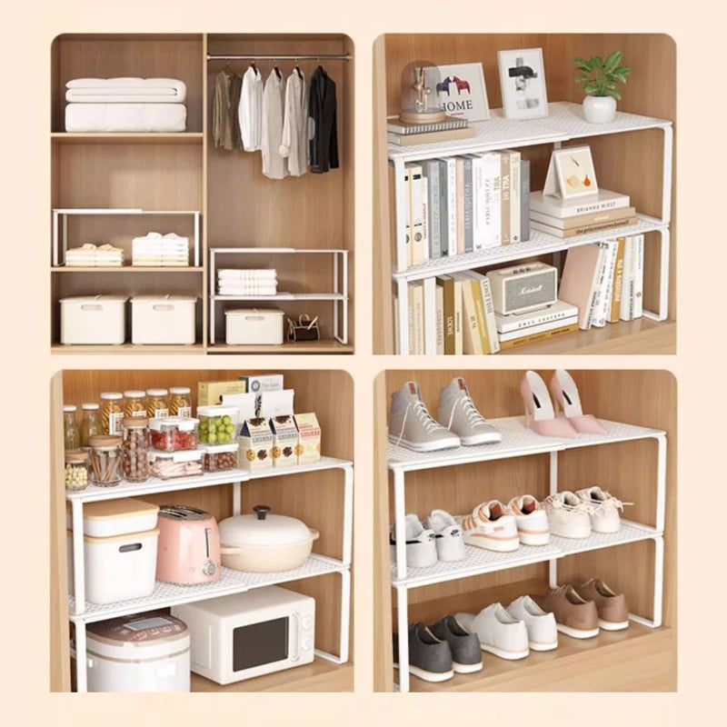 Various uses for adjustable stackable shelf organizers displayed in closets, kitchen cupboards, and shoe storage
