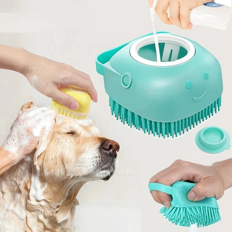Hands using a colorful rubber-bristled pet bathing brush with shampoo dispenser to wash a dog in a home bath setting