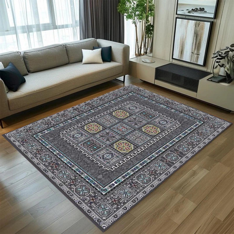 Gray geometric non-slip washable rug in a modern living room