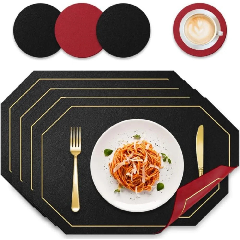 Dual-Sided Octagonal Placemats & Coaster Set – Wipeable PU Leather