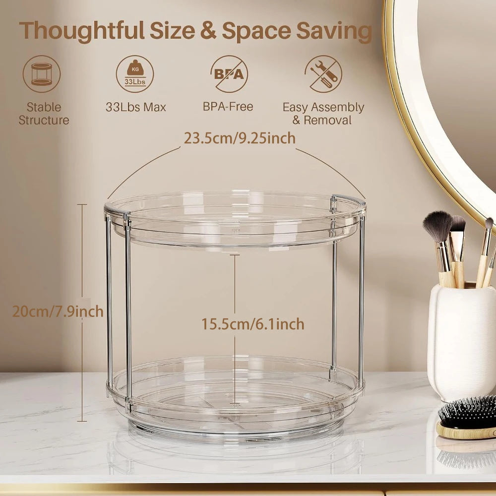 Clear double-tier plastic lazy Susan showing dimensions and features on a vanity counter