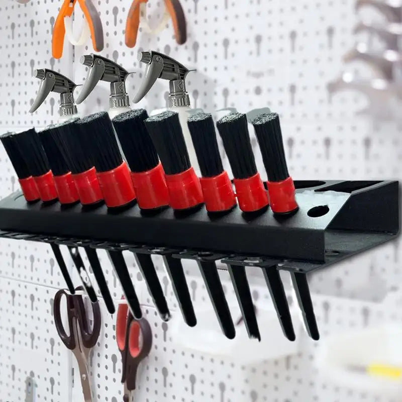 Wall-Mounted Metal Spray Bottle and Brush Organizer Rack for Garage, Workshop, or Utility Room