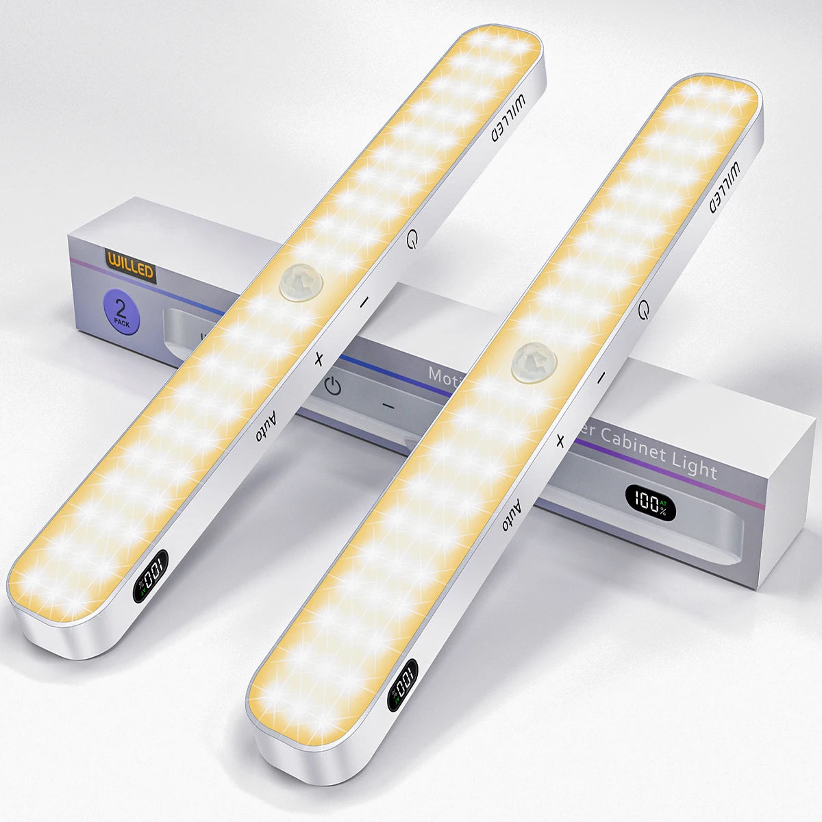Two rechargeable motion sensor light bars with packaging, showing warm LED illumination and battery display