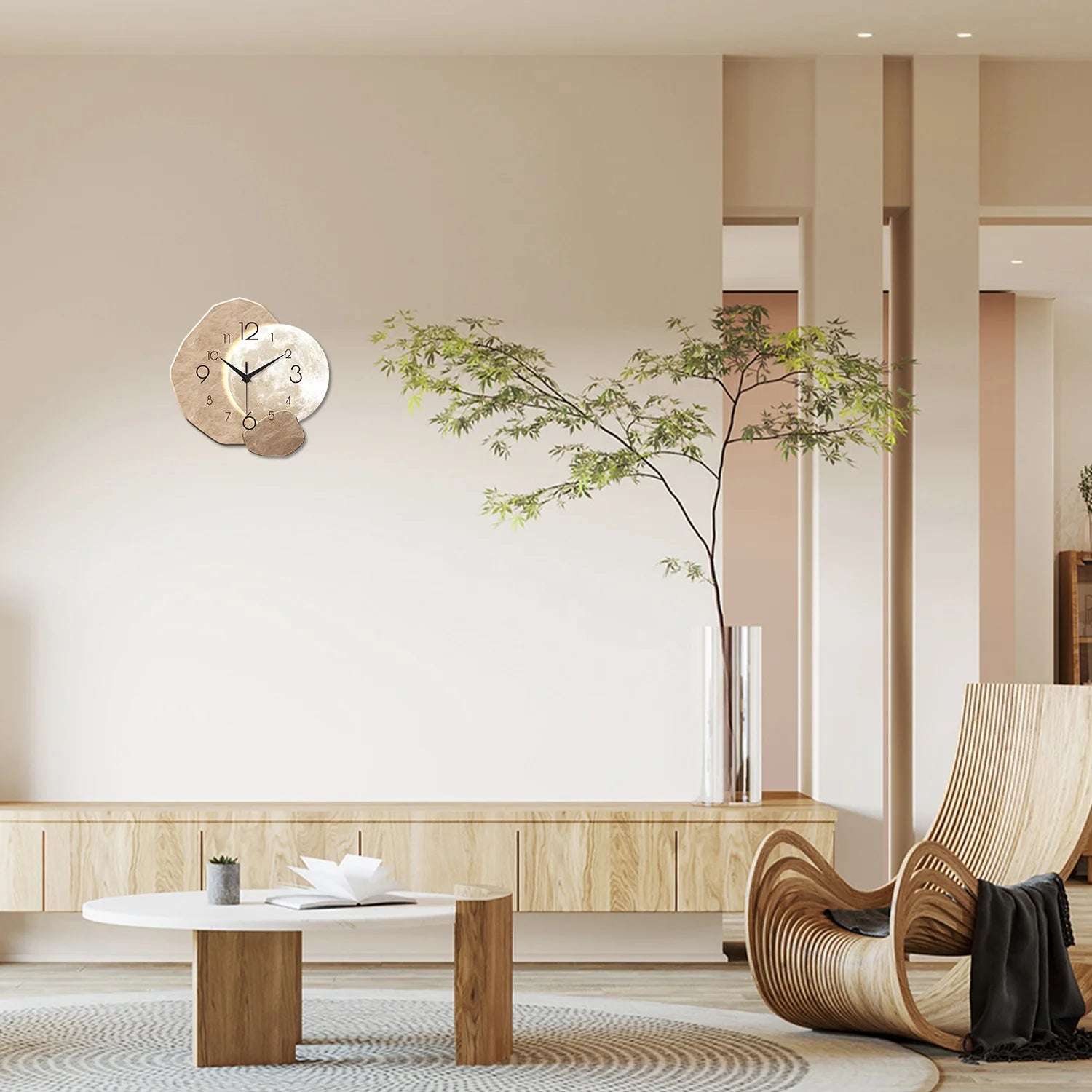 moon-inspired wall clock displayed in a contemporary living space