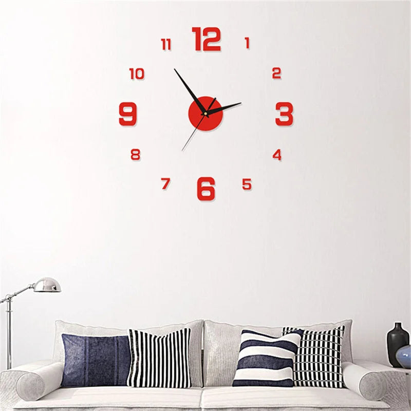 Red frameless 3D wall clock sticker installed over a white sofa with striped pillows