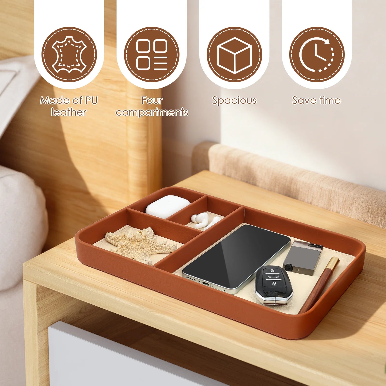 Brown PU leather organizer tray on a nightstand, holding daily essentials near a bed