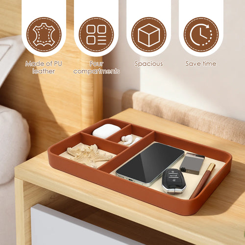 Brown PU leather organizer tray on a nightstand holding essentials next to a bed
