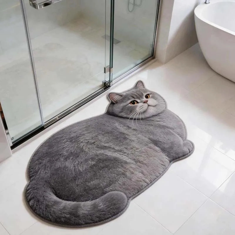 Chubby Cat-Shaped Quick-Dry Bath Mat with Non-Slip Rubber Back for Bathroom & Entryway