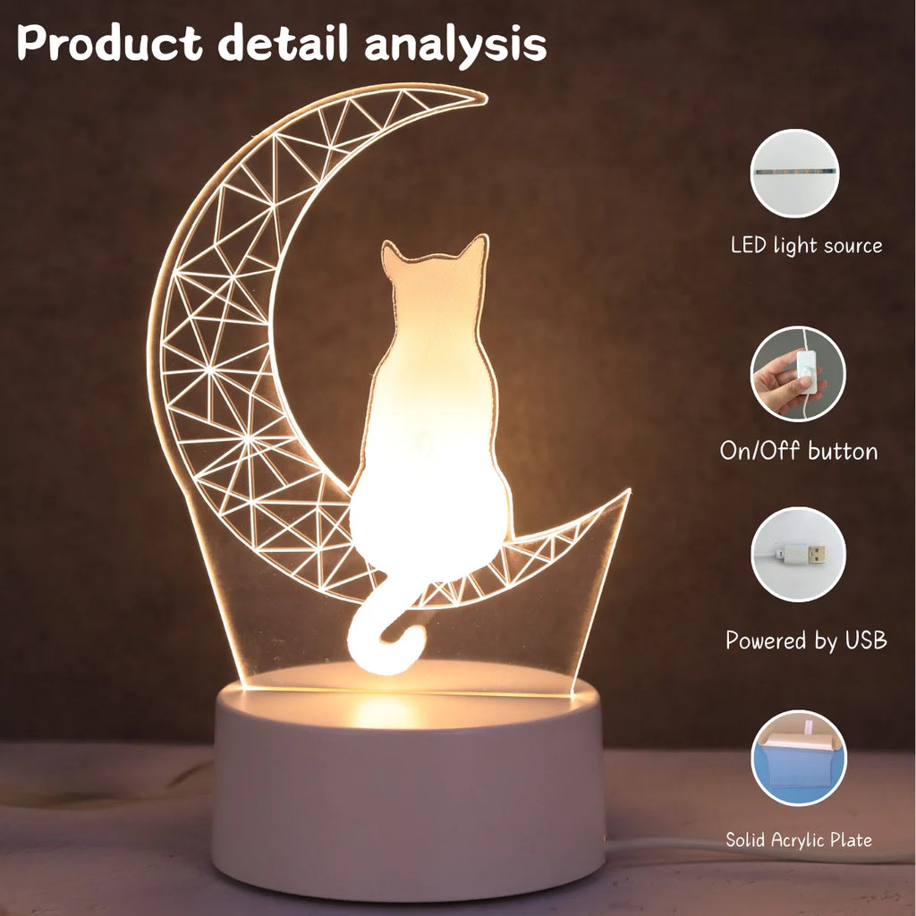 Detail of moon cat 3D lamp with USB, on/off switch, and solid acrylic plate