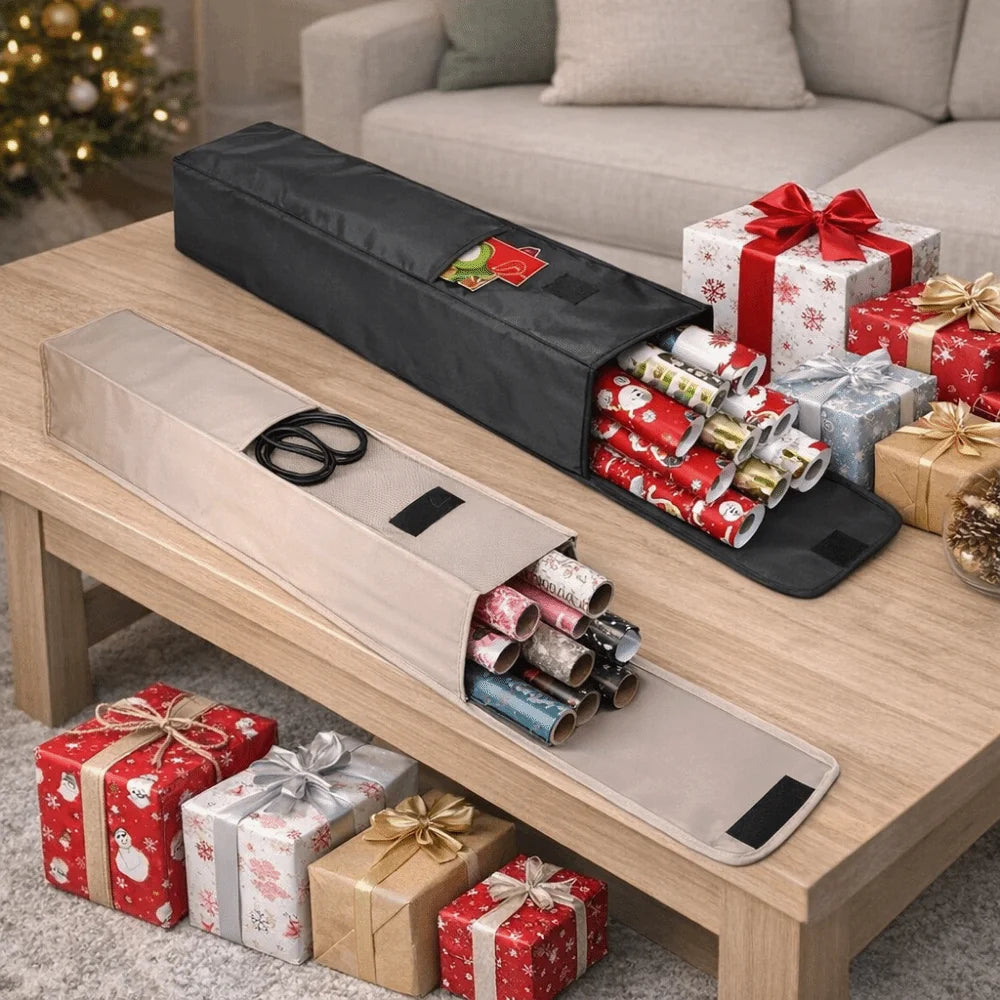 Black and beige gift wrap organizer bags displayed on a coffee table, filled with rolls and supplies, surrounded by wrapped presents.