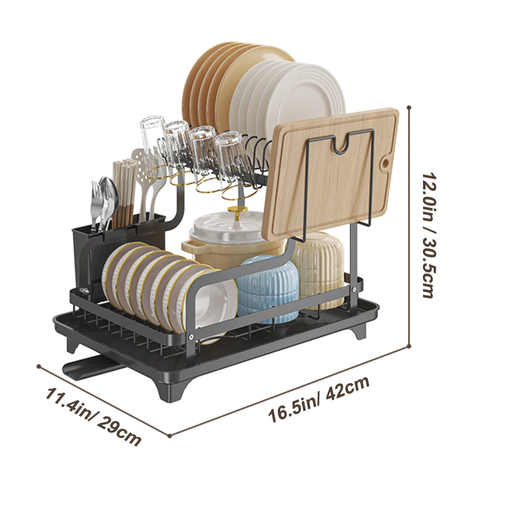 2-tier black dish drying rack with dimensions shown in inches and centimeters