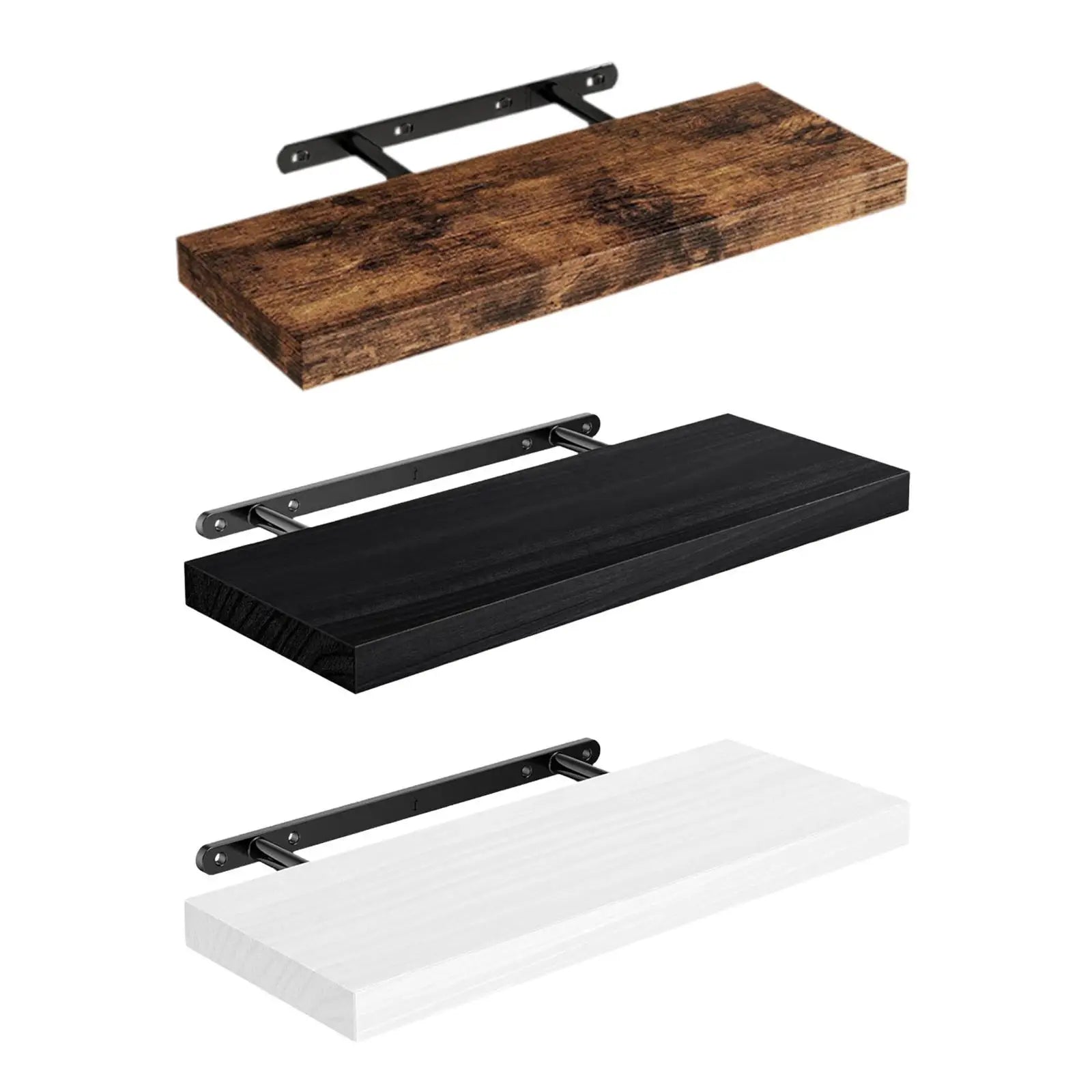 Three rectangular floating wall shelves in brown, black, and white wood finishes with invisible brackets