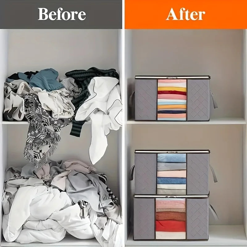 Before and after closet shelves comparison showing messy piles on the left and organized gray storage bags on the right.