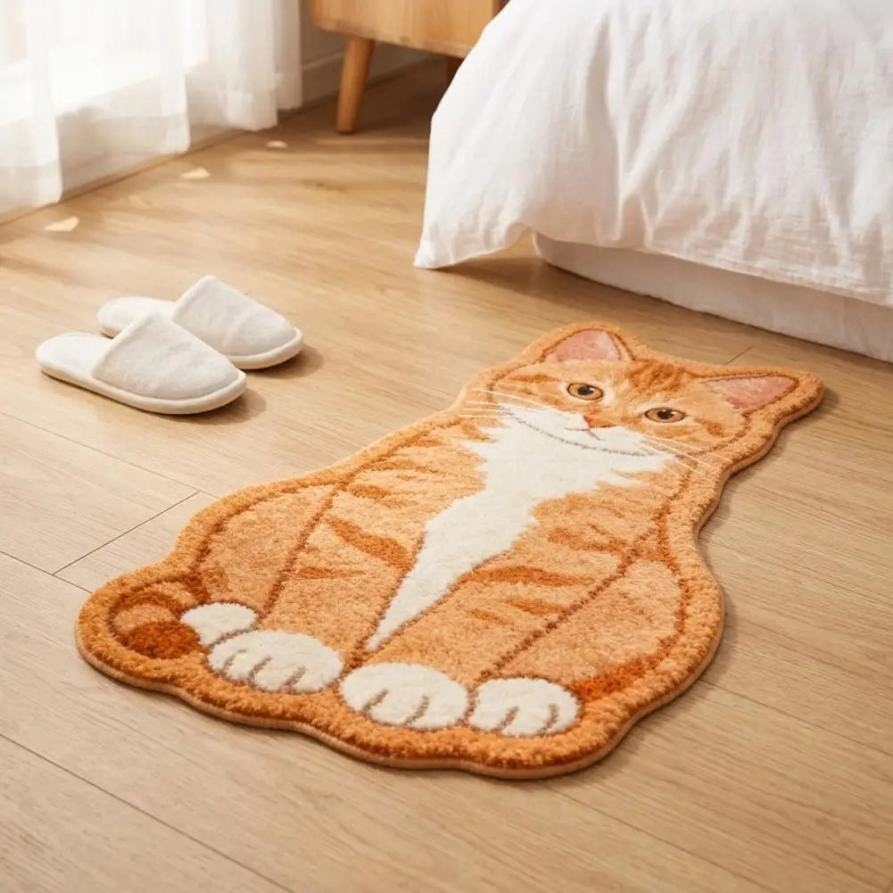 Orange tabby cat-shaped accent rug on wooden floor near bed and slippers