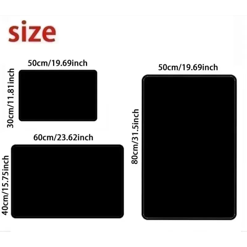 Three sizes of rectangular RV door mats shown with dimensions in centimeters and inches