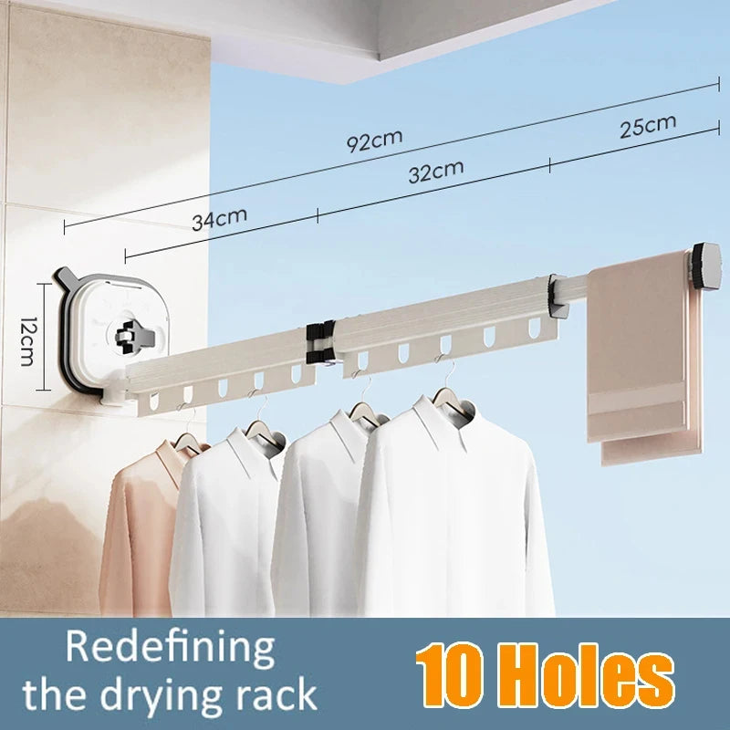 White Folding Suction Cup Drying Rack, Aluminum Wall-Mounted Telescopic Clothes Hanger for Laundry & Balcony