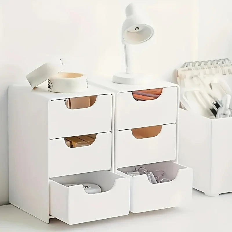 White mini drawer organizer for desk or vanity with drawers partially open