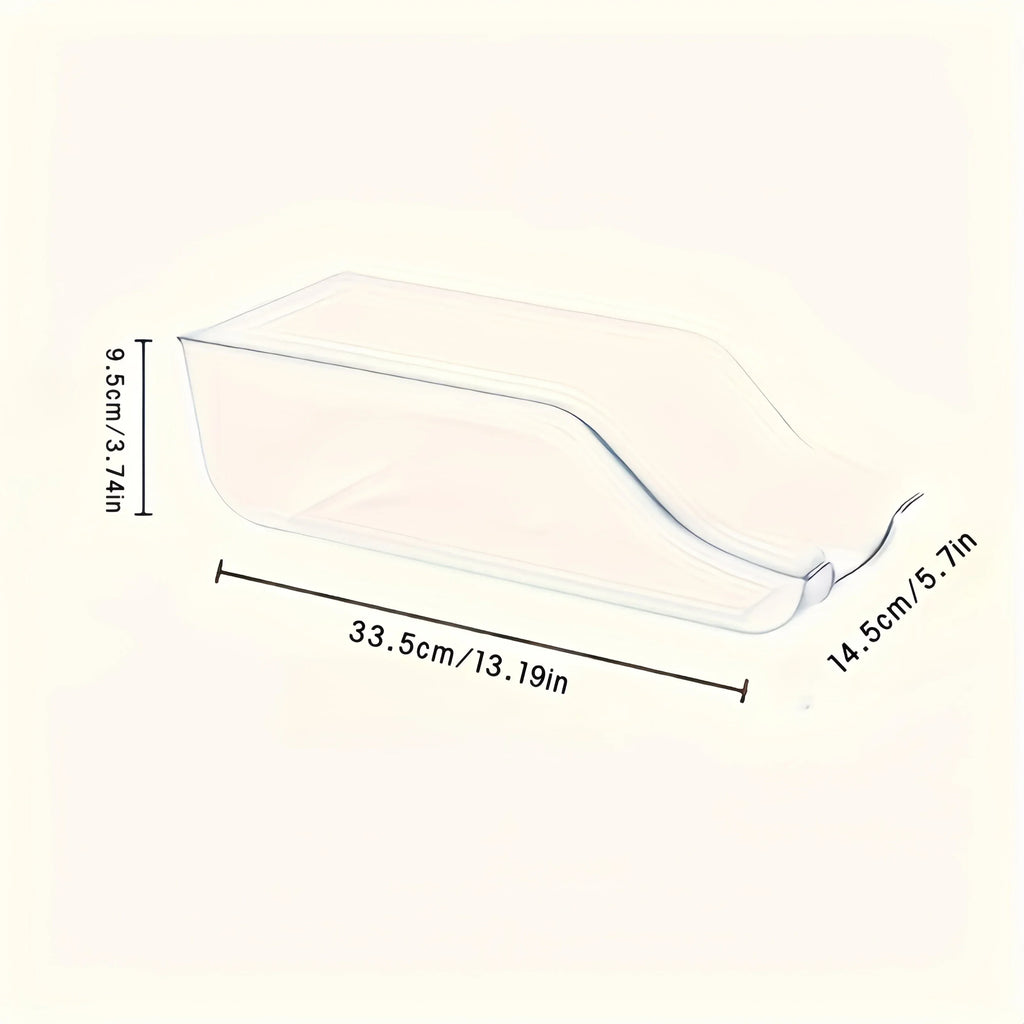 Empty clear rolling can dispenser bin with measurements in centimeters and inches