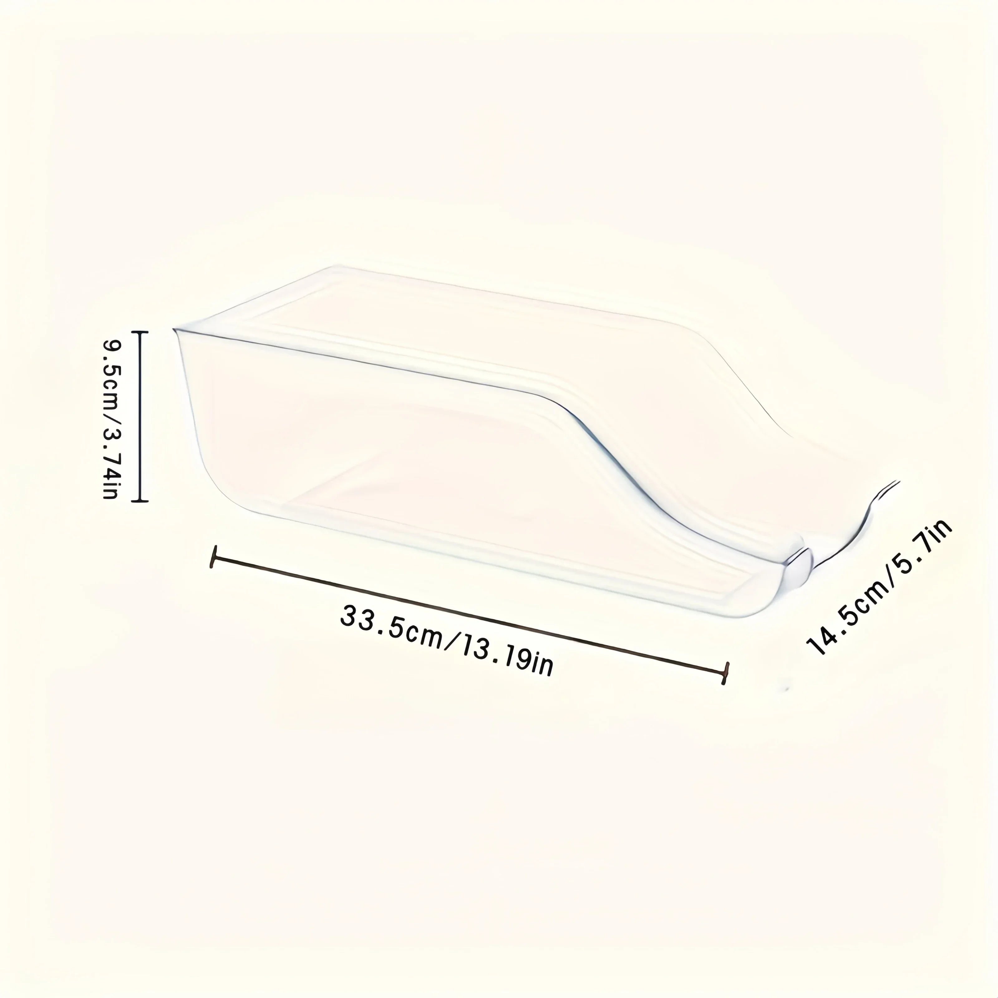 Empty clear rolling can dispenser bin with measurements in centimeters and inches