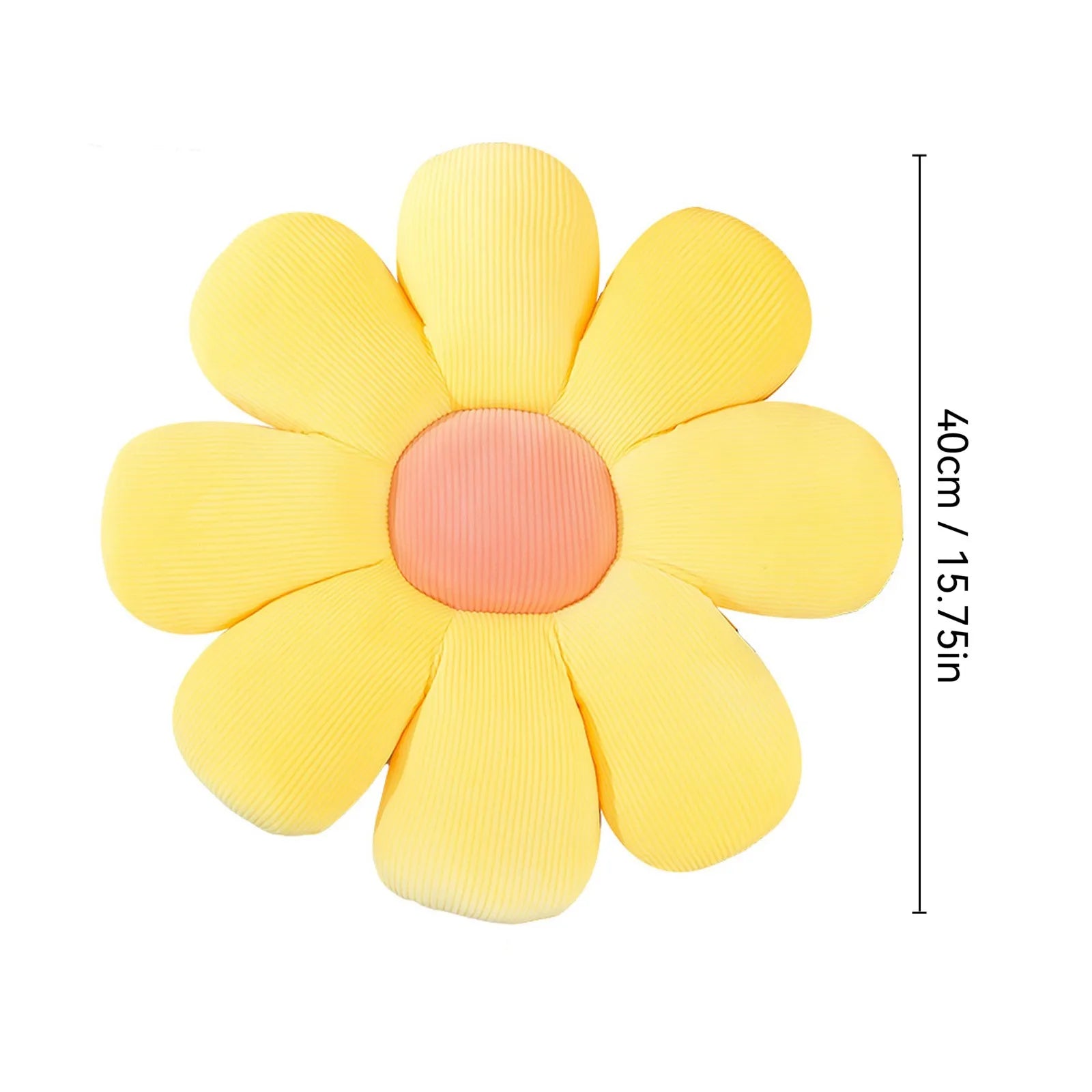 Yellow daisy flower pillow with measurement line showing approximate diameter
