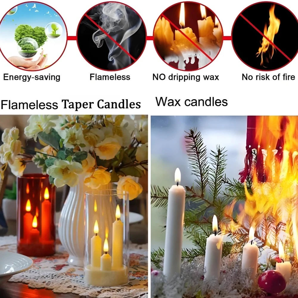 Comparison of flameless LED taper candle trios and real wax candles highlighting safety differences