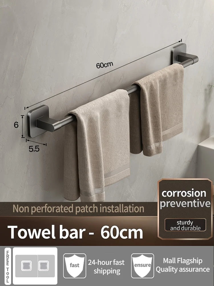 Adhesive Gray Aluminum Towel Bar – No-Drill Wall-Mounted Towel Rack for Bathroom, Kitchen, or Laundry
