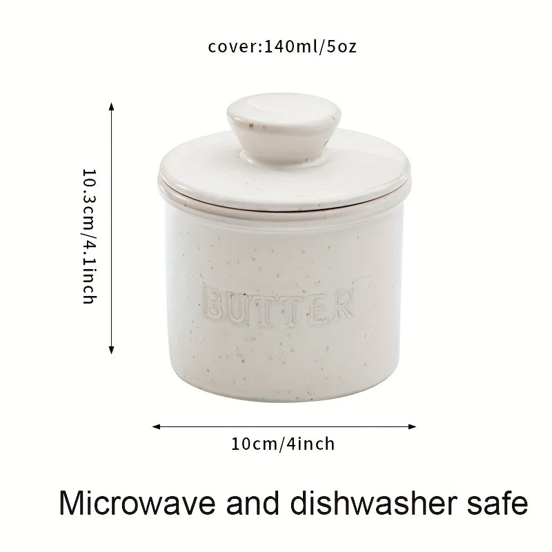 Speckled White Ceramic French Butter Crock with Lid for Spreadable Countertop Butter
