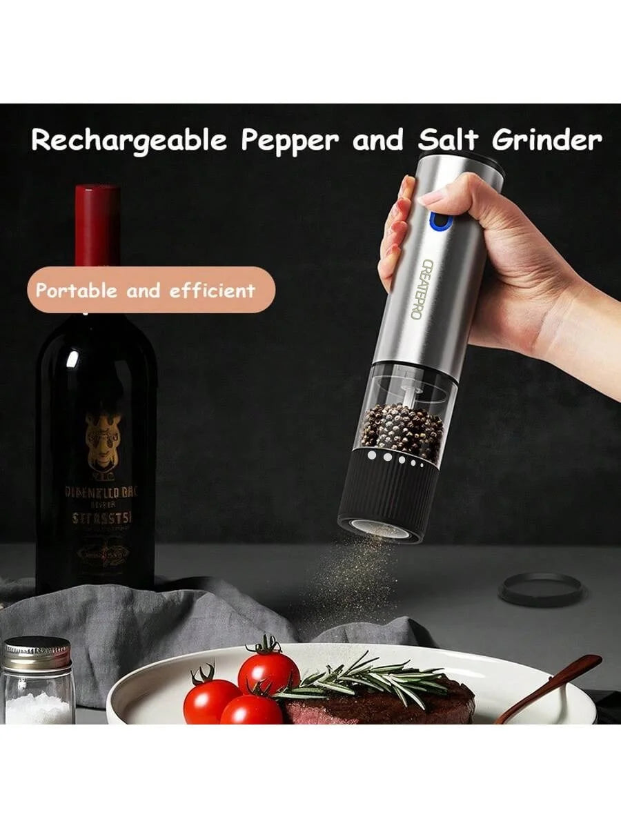 Hand using rechargeable electric pepper grinder to season food in kitchen setting