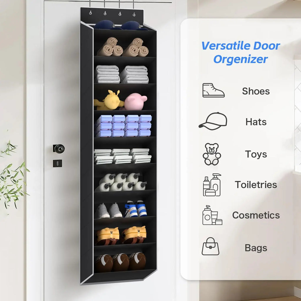 Black organizer on a white door, holding towels, toys, and bottles, with illustrated multi-use chart