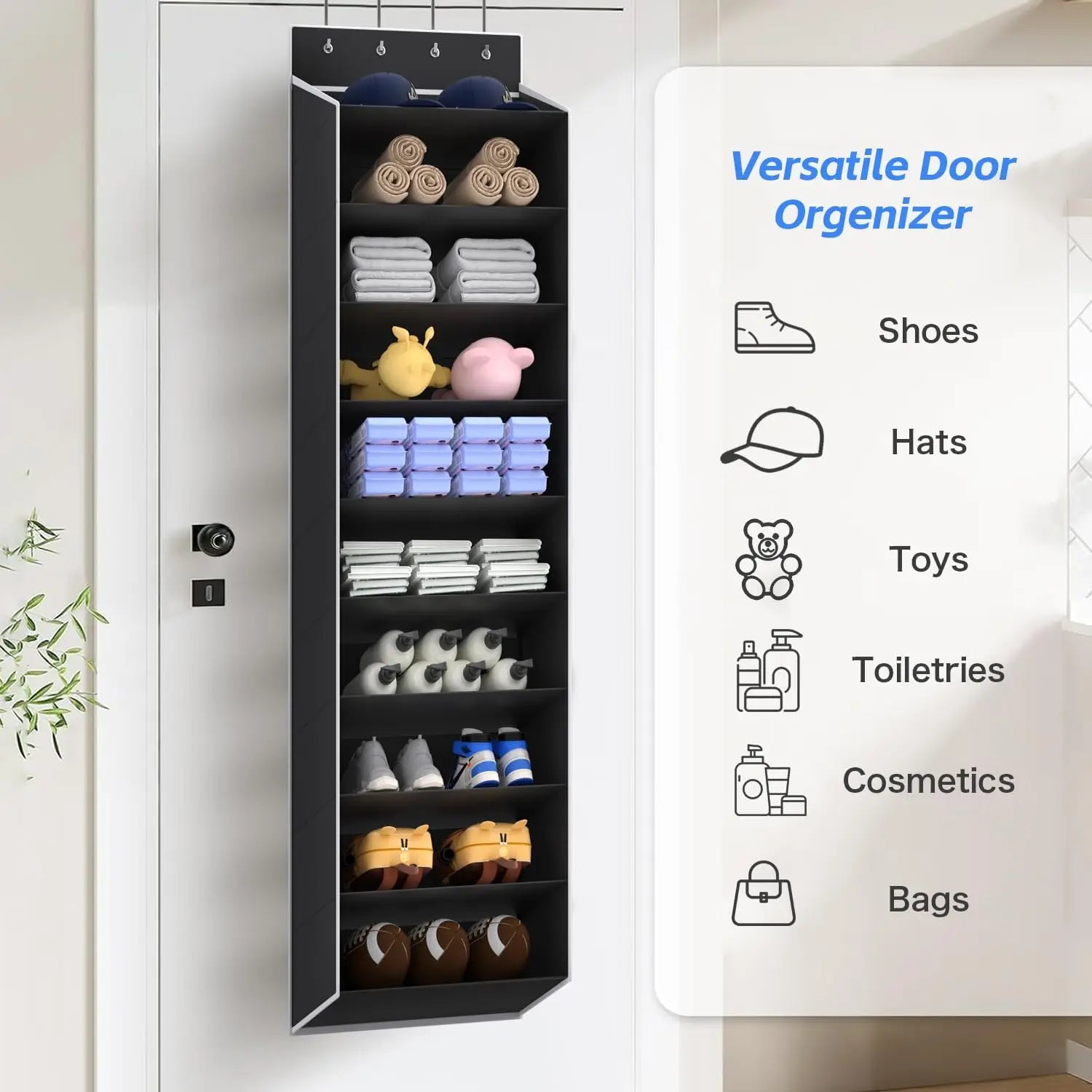 Black organizer on a white door, holding towels, toys, and bottles, with illustrated multi-use chart