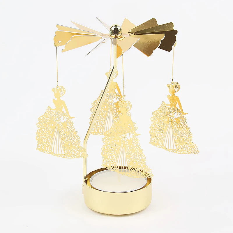 Spinning Metal Tealight Candle Holder with Rotating Charms for Cozy Home Decor & Festive Table Setting