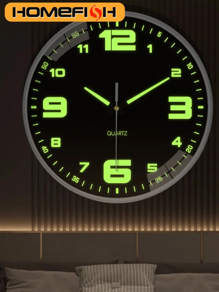 Black luminous wall clock glowing in a dark bedroom setting