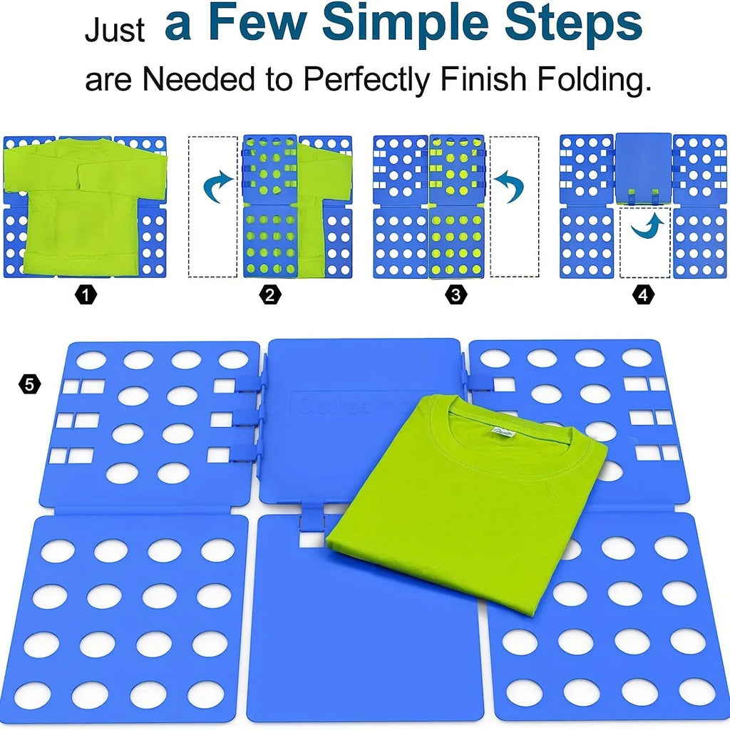 Step-by-step folding guide using a blue laundry board and green shirt