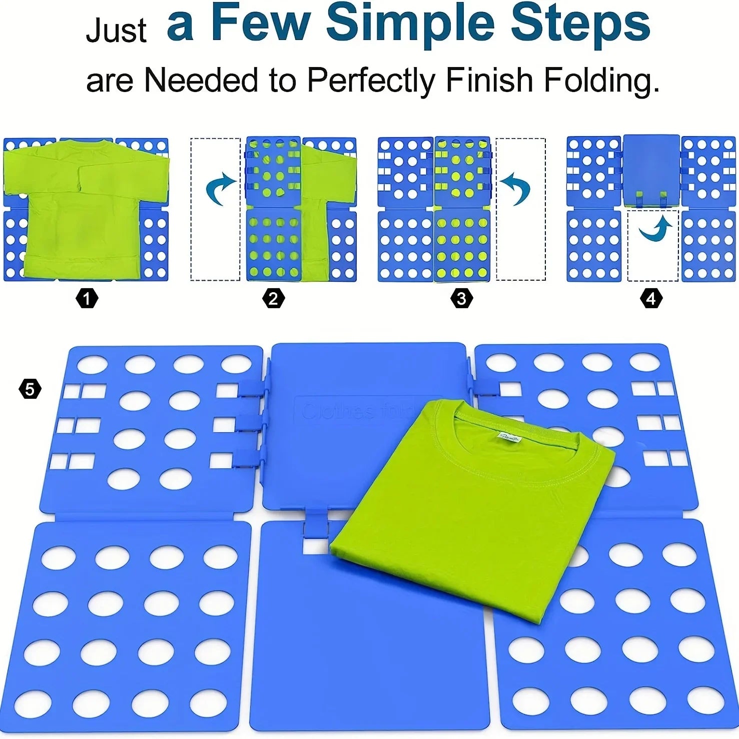 Step-by-step folding guide using a blue laundry board and green shirt