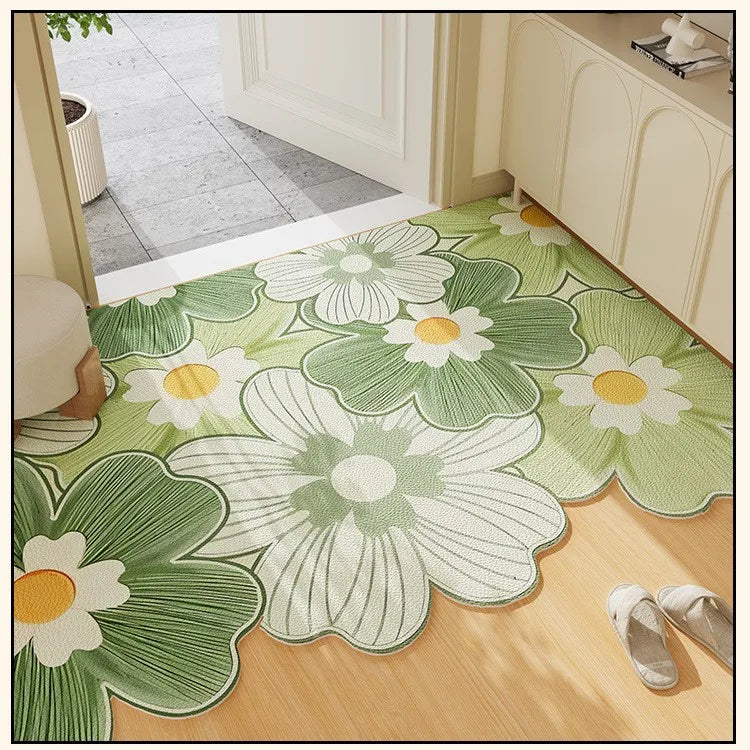 wavy-edge entry rug with green and white daisy print in entryway
