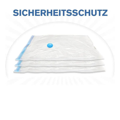 Four flat vacuum storage bags with blue valves on white background