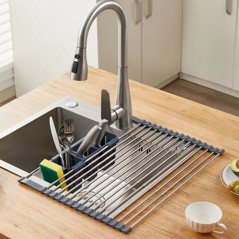 Expandable Stainless Steel Over-Sink Drying Rack with Cutlery and Sponge Holders for Kitchen Organization