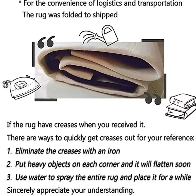 folded runner rug with instructions for removing shipping creases