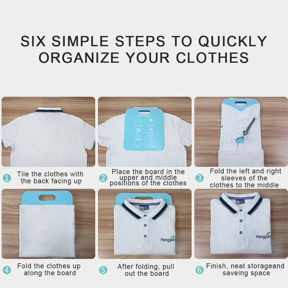 Step-by-step instructions showing how to use a plastic folding board to neatly fold a polo shirt.