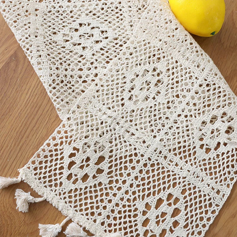 Arden Crochet Lace Table Runner with Tassel – Beige Cotton Blend