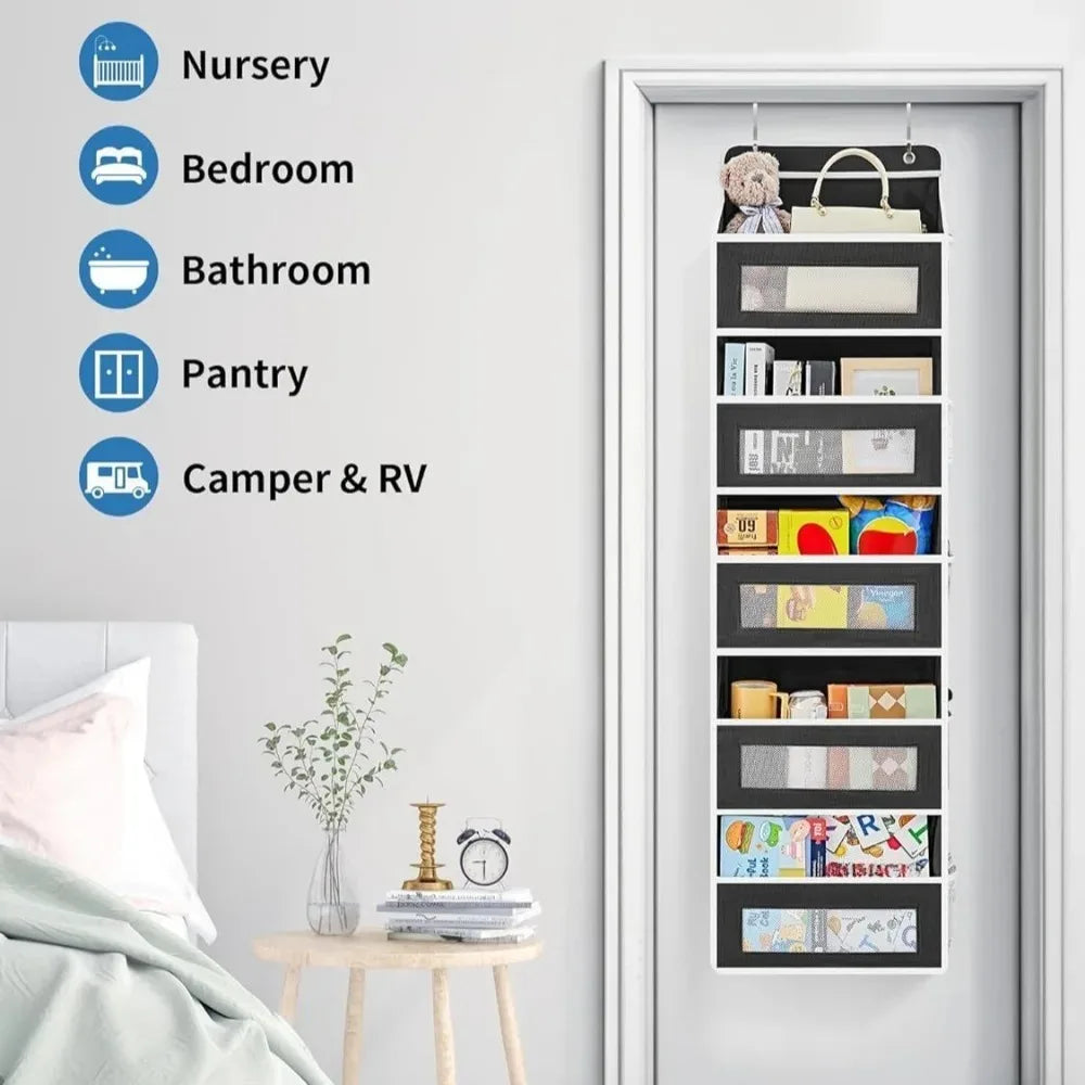 Over-the-door organizer hanging on a bedroom door, with icons labeling nursery, bedroom, bathroom, pantry, and camper & RV uses