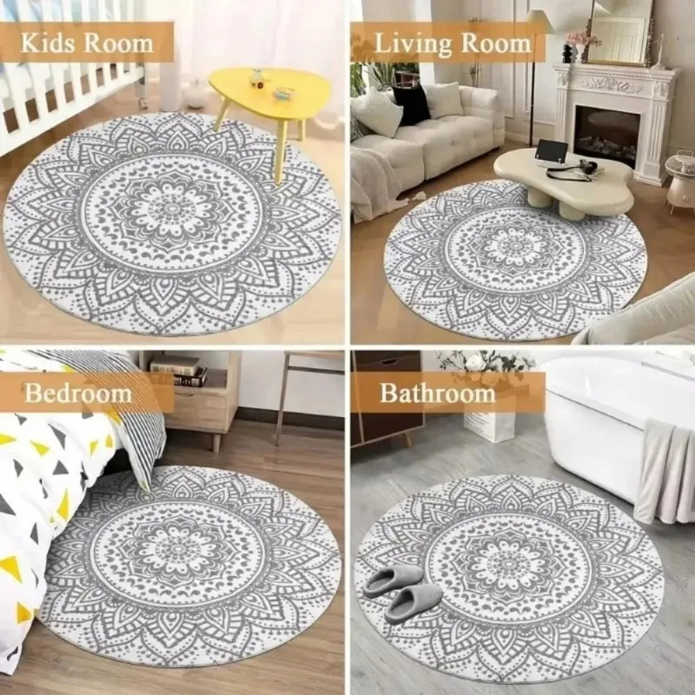 Harlow Minimalist Round Cream Rug with Black Line Pattern