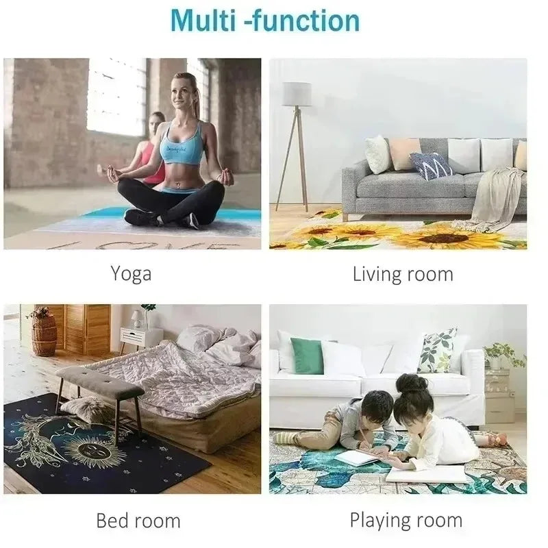 Multi-room home mat use: yoga, living room, bedroom, playroom