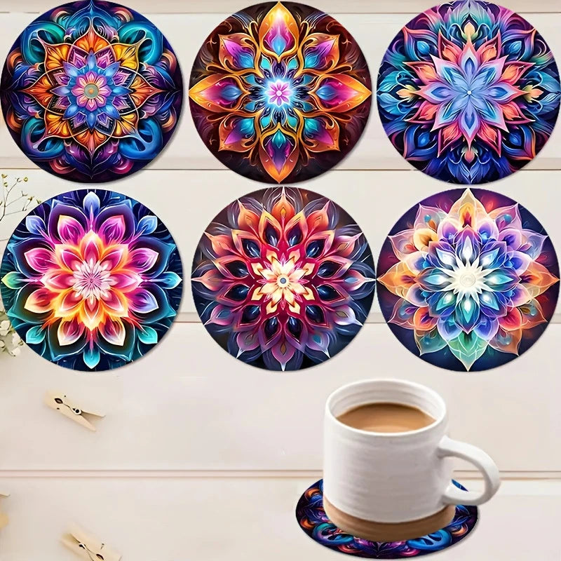Mandala Flower Wooden Coaster Set, Single-Sided Print, Round, 4 in
