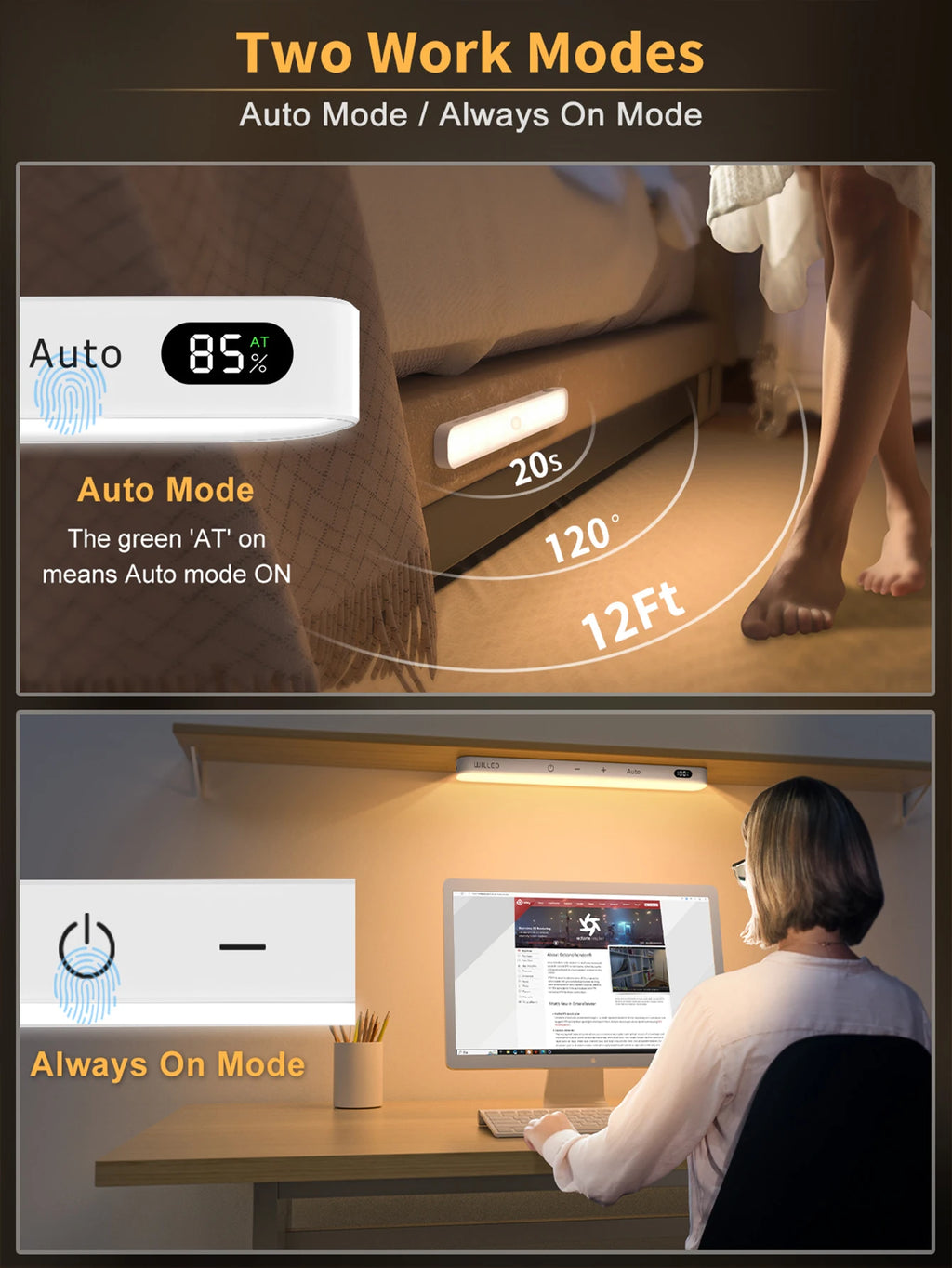Motion sensor light bar under a bed and above a computer desk, demonstrating auto and always-on modes