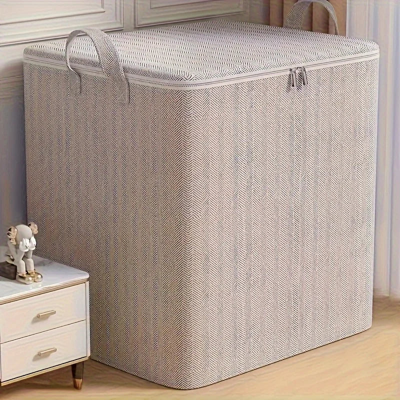 Modern fabric storage box with lid for bedroom or closet shown near wall paneling